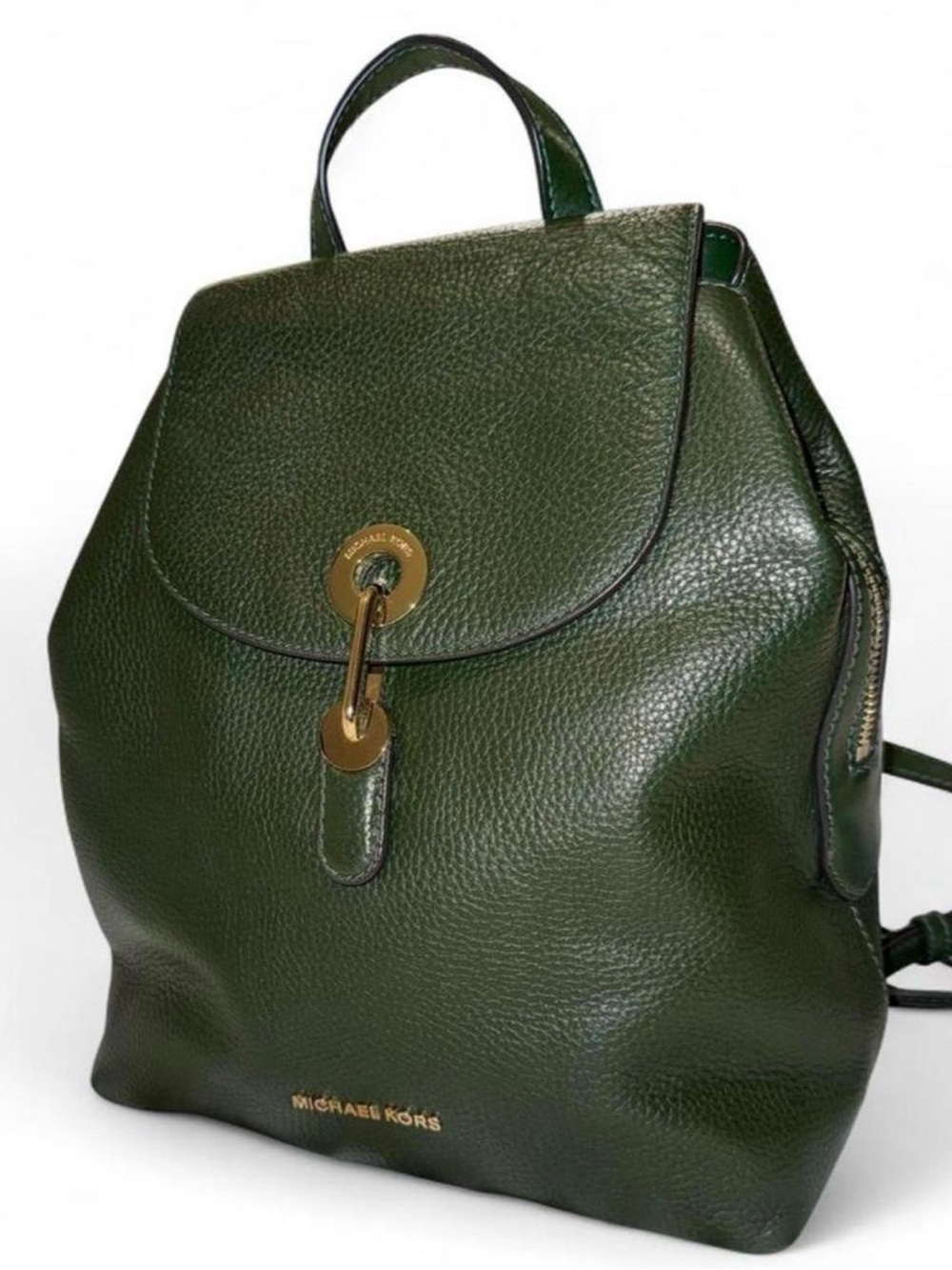 Michael Kors Dark Green Pebbled Leather Backpack with Gold Hardware